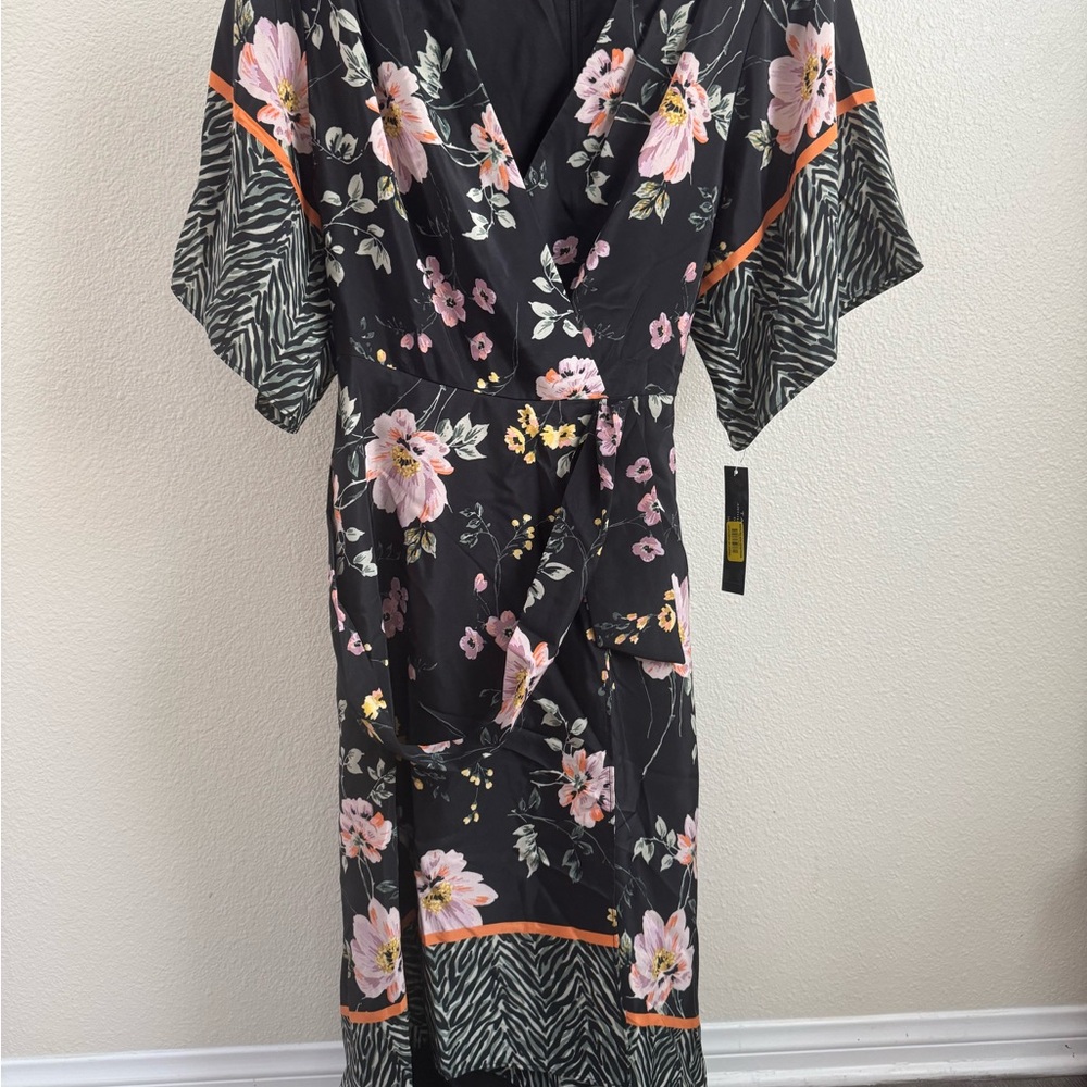 Tahari ASL Black Floral Maxi Dress with Pink and Orange Accents